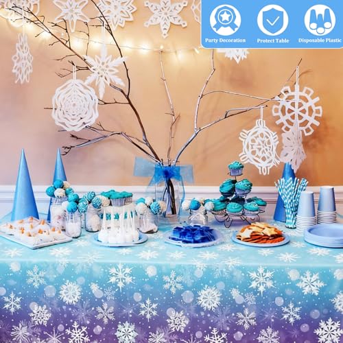 Snowflake Winter Tablecloth 3 Pack for Holiday Party Decorations - Blue & Purple Disposable Plastic Cover - Christmas & Winter Events