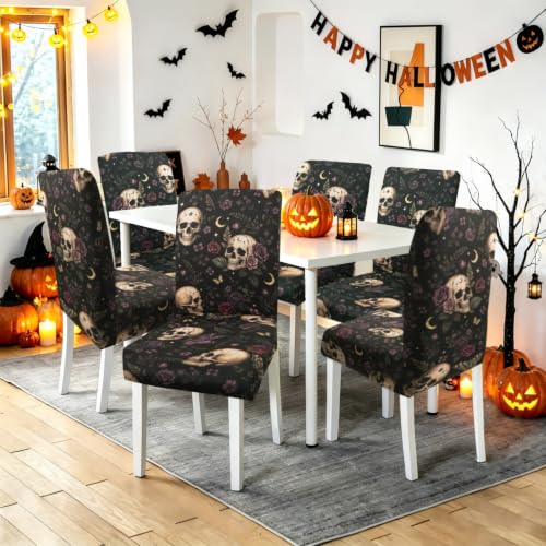 Halloween Skull Chair Covers Set of 6 - Gothic Floral Dining Protectors for Holiday Decor