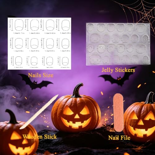 Halloween Press On Nails Short Square Gel Polish Set - Orange Black Skeleton Ghost Spider Glitter 24 pcs - Variation 3