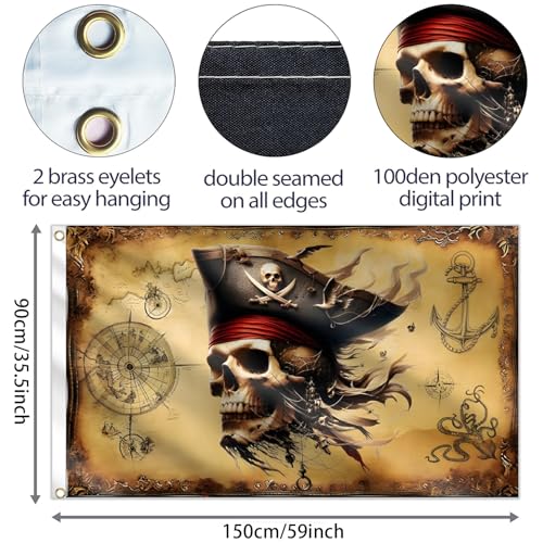 Pirate Backdrop 5x3ft Treasure Map Banner Skull for Pirate Party Halloween Photo Booth