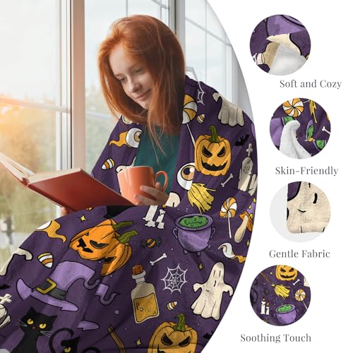 Halloween Throw Blanket 50x60 Orange Pumpkins Black Cat Spooky Decor Gift