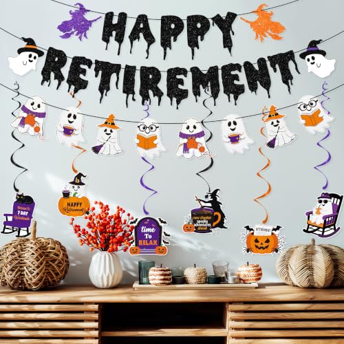 Halloween Retirement Banner Party Decoration - Black & Purple, Ghost & Witch Theme