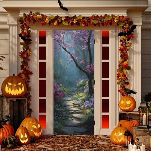 Burbuja Forest Path Door Cover - Stretch Fabric Holiday Porch Decor 35x79 in Variation of THIS listing