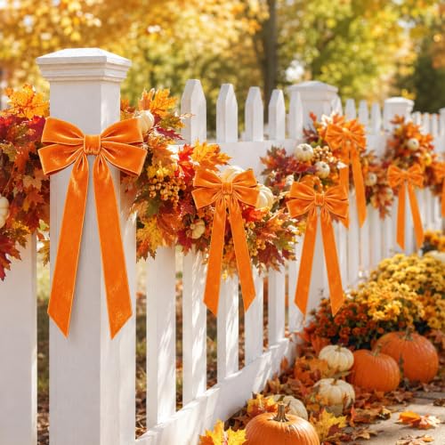12-Pack Orange Velvet Bow Decorations for Fall & Holiday Crafts - 5 x 10 inches