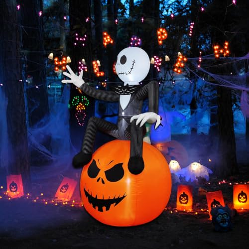 6 Ft Inflatable Halloween Yard Decorations with LED Lights - Outdoor Pumpkin & Skeleton Decor