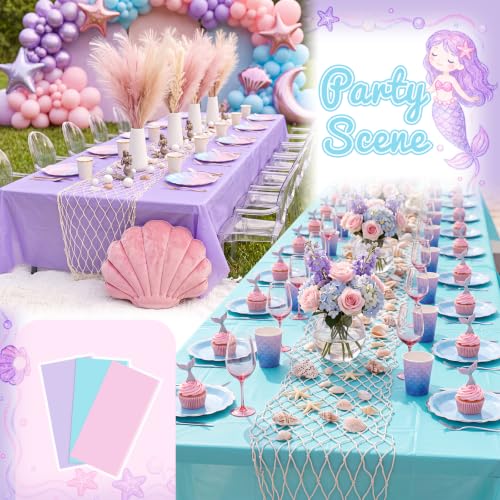 Fish Net Table Runner & Plastic Tablecloth Set - Mermaid Color, 12 Pieces