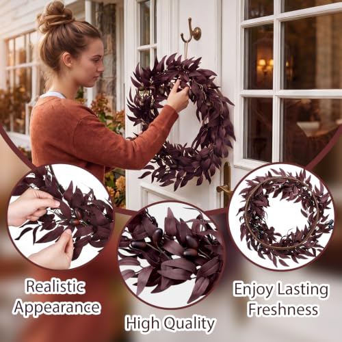 20 Inch Autumn Wreath for Front Door - Burgundy Fall Decor, Expandable Olive Design