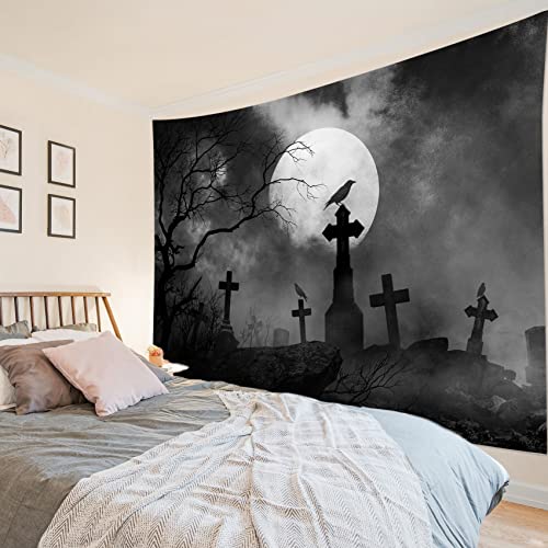 Halloween Tapestry Full Moon Black Crow Tombstone Dead Tree Wall Decor - 40x60 Inches - Black Variation