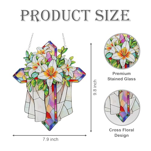 Stained Glass Cross Suncatcher with Floral Design - Religious Wall Decor Gift