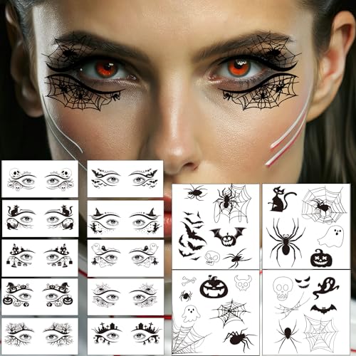 Halloween Eye Tattoos Set with Skull Spider Web Bats Face Stickers for Adults & Kids