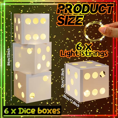 White Lighted Dice Boxes - 6 Foldable 11.8 Inch Casino Party Decorations