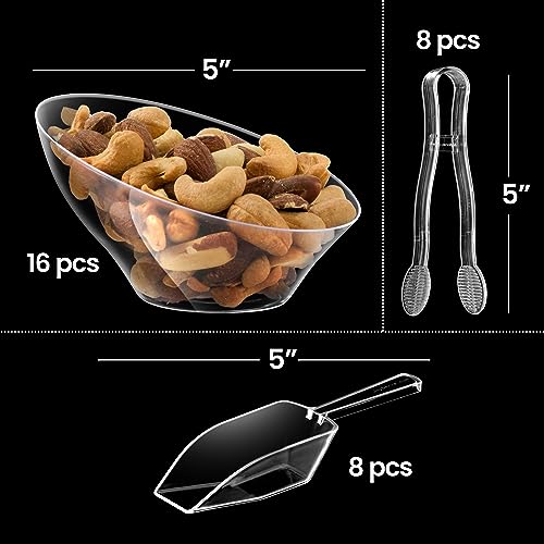 Clear Plastic Candy Bowls Set 6 oz 32 Pieces with Tongs & Scoops for Buffets
