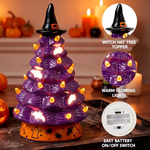 Purple Halloween Ceramic Tree with Bat Cutouts and LED Light - 8.5 Inch Witch Hat Decor