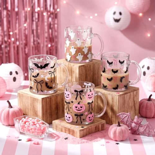 Halloween Coffee Mug Set Bat Design - Pink Bow, 12 oz Glass, Halloween Gift