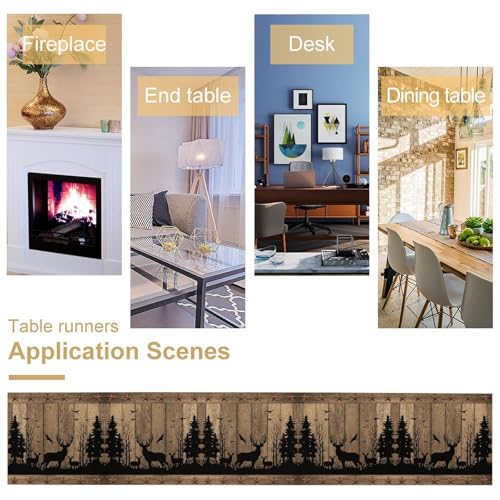 Rustic Deer Cabin Table Runner - 13x90 Inch Vintage Brown Wood Plank Design - Cabin-8