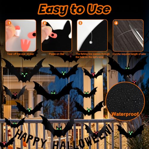 Halloween Hanging Bat Decorations with Glowing Eyes - 16 Pack Outdoor Indoor
