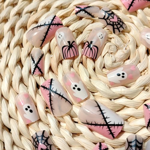 Halloween Press On Nails Set - Medium Coffin Fake Nails with Ghost & Pumpkin Design, 14 Styles