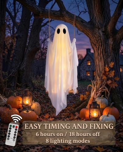 Outdoor 5FT Hanging Ghost Decor with Remote Lights, Waterproof & Stable