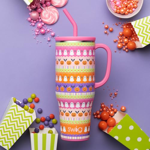 40oz Insulated Mega Mug with Handle & Straw - Trick or Treat Pattern