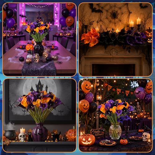 Halloween Flower Picks Set - 24 Black, Orange & Purple Artificial Calla Lilies, 14 Inch