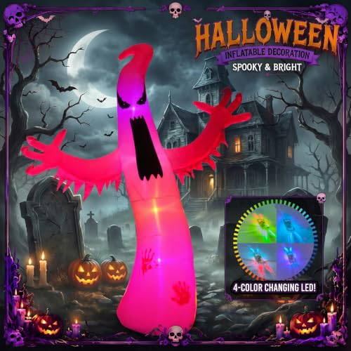 Giant 12FT Inflatable Ghost Halloween Decoration with 4-Color LED Lights, Water Bags & Stakes