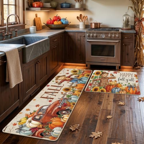 Hello Fall Autumn Scarecrow Kitchen Mat Set of 3 - Farmhouse Style Rug