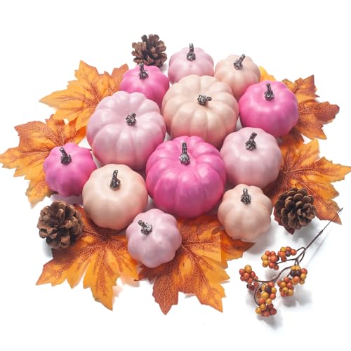 Pink Fall Pumpkin Decor Set - 22 pcs Autumn Harvest Wreath & Table Decorations (Assorted Pink)
