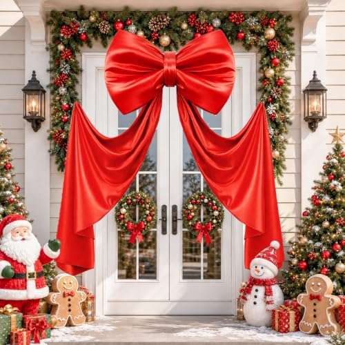 Large Red Christmas Bow Decoration - 70 x 22 Inches Oversized Satin Holiday Wreath Topper with Ribbon - Variation: Red / 70 x 22 Inch