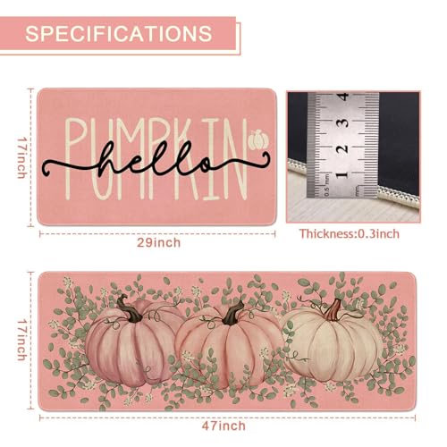 Pink Fall Kitchen Rugs Set - Pumpkin Doormat & Runner for Thanksgiving Decor