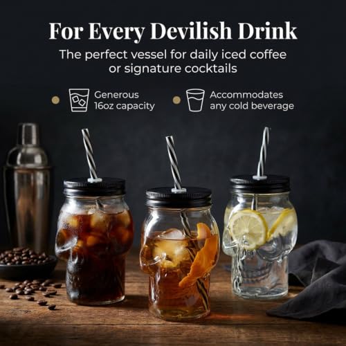 16oz Skull Mason Jar Mug Set with Cover and Straw - Spooky Drinkware