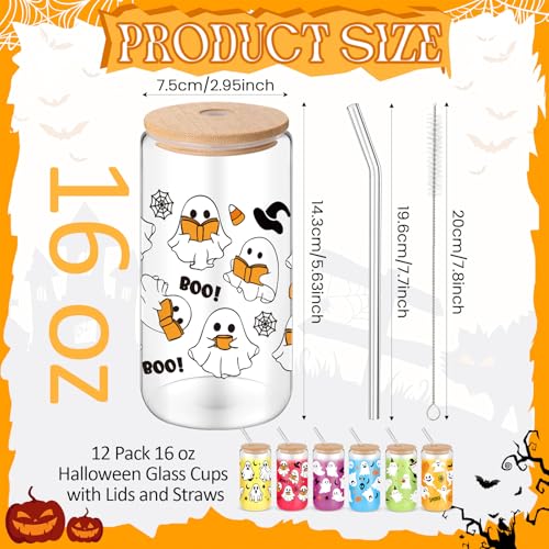 12 Pcs Halloween Glass Cups with Bamboo Lids & Straws - 16 Oz, White - Ghost & Skull Design
