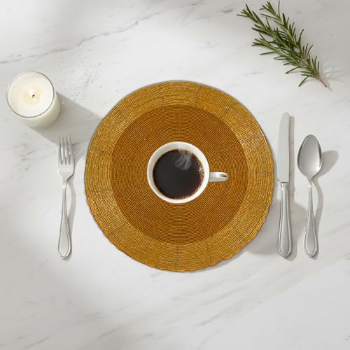 Lightnpro Handmade Beaded Placemats Set of 4 - 13 Inch Mustard Rustic Table Decor