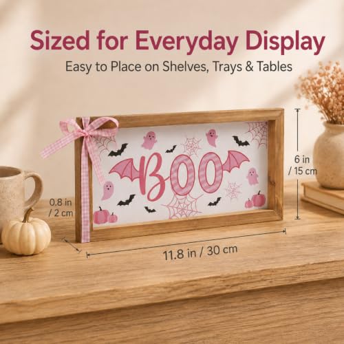 Pink Halloween Wooden Sign - Girly Boo Wall & Table Decor with Pumpkin & Ghost