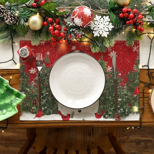 Christmas Placemats Set of 4 - 12 x 18 Inch Holiday Rustic Table Decor - Red Variation