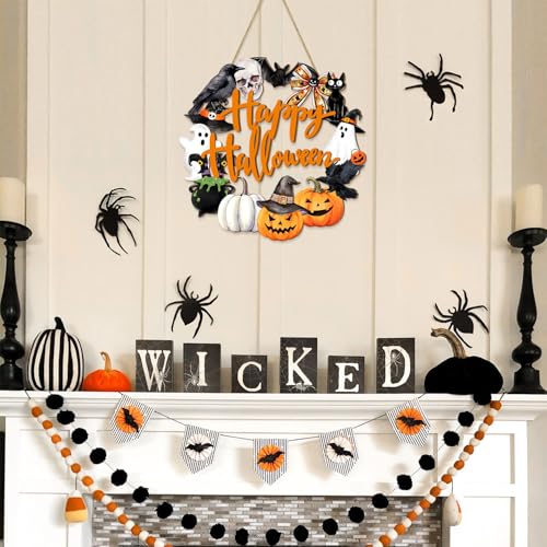 Rustic Halloween Wooden Wreath Sign with Ghost, Cat, Pumpkin & Skull - Front Door Decor