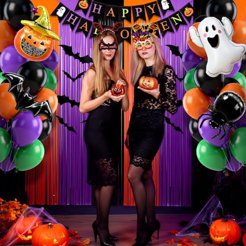Halloween Party Decoration Kit with 129 Pieces - Balloons, Foil Curtains, Photo Props, Headbands & Glasses