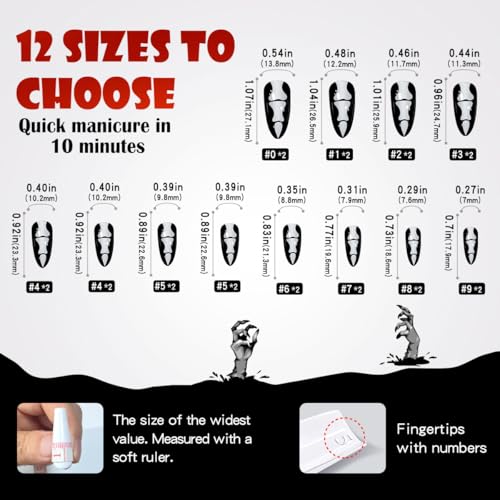 Halloween Press On Nails Kit Medium Stiletto Skeleton Vampire Black Fake Nails WSJ-2024-001