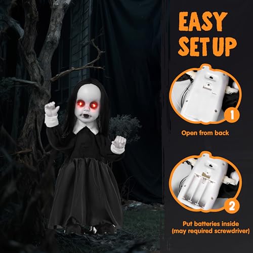 Halloween Animatronic Zombie Girl Decor with Sound & LED Eyes - 34 Inch Outdoor Haunted House Prop