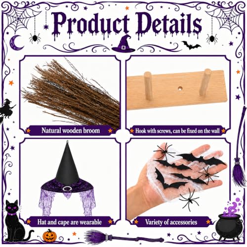 Halloween Porch Broom Decor Kit with Wall Mount, Spooky Witch Accessories