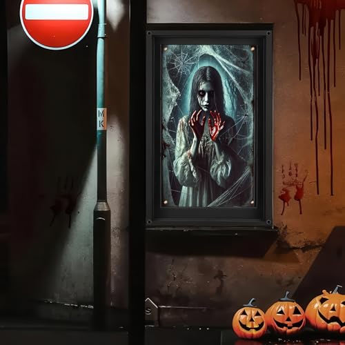 Halloween Web Girl Window Cover 31x47 Inch Spooky Decoration