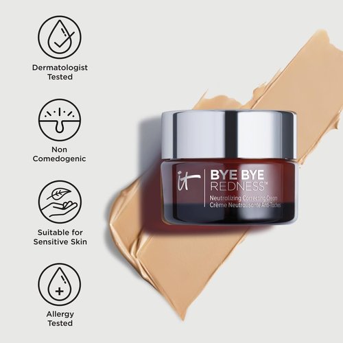 IT Cosmetics Bye Bye Redness Full Coverage Color Correcting Cream (Neutral Beige) - Redness Neutralizing Tinted Face Moisturizer, 12HR Hydration, Hyaluronic Acid, Colloidal Oatmeal - 0.37 fl oz
