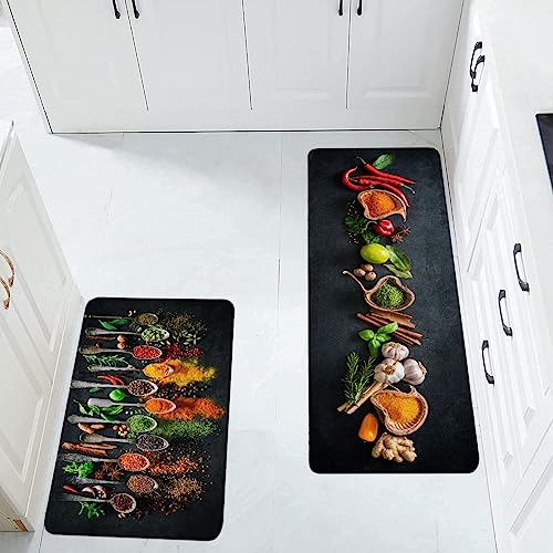 Herbs and Spices Kitchen Rug Set 2 Pieces Non Slip Waterproof Floor Mats – Spices Variation