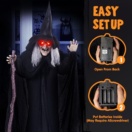 Halloween Animatronic Witch Prop - Life Size 6Ft Black Outdoor Decor with Creepy Sound & Light Eyes