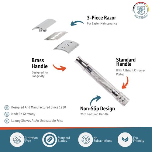 MERKUR 15C Double Edge Safety Razor - Bright Chrome Finish, Open Comb Design, Eco-Friendly, Made in Germany