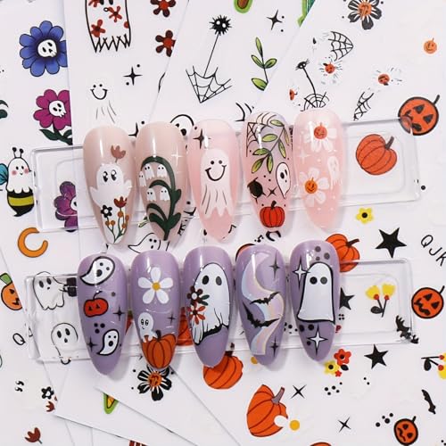 Halloween Nail Art Stickers Set - 9 Sheets Fall 3D Self-Adhesive Decals with Ghost Pumpkin Spider Web Designs - Style 4