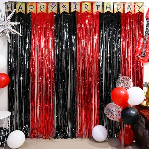 Red Black Party Streamers Backdrop - 2 Pack Fringe Curtains for Stranger & Halloween Parties