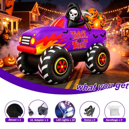 9 Ft Halloween Inflatable Monster Truck with LED Lights, Reaper & Pumpkins Yard Decor