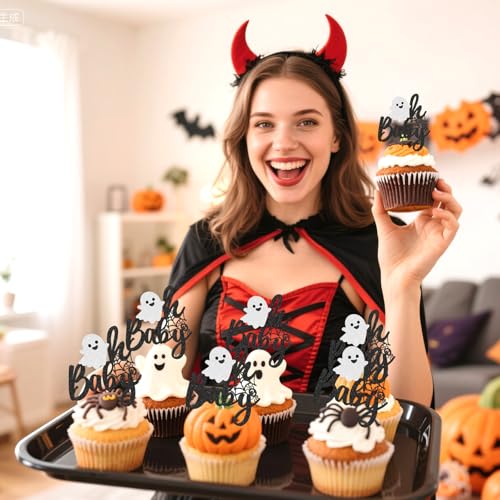24Pcs Halloween Baby Shower Cupcake Toppers - Spooky Ghost Theme Cake Decorations