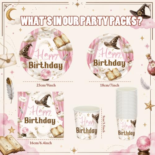 Pink Magical Wizard Birthday & Halloween Party Decorations Set - 96 Pieces with Plates Cups Napkins - Sunnychicc
