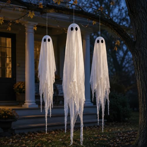 Outdoor Halloween Decorations 3 Pack Large Pre-Assembled Hanging Ghosts with Remote Timer